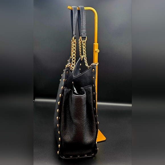 Michael Kors Black Pebbled Leather Goldtone Chain Handles Studded Satchel - Picture 5 of 12